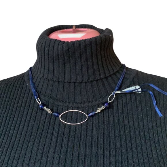 Handmade - Short necklace - ruban feather & beads blue white - Picture 3 of 9